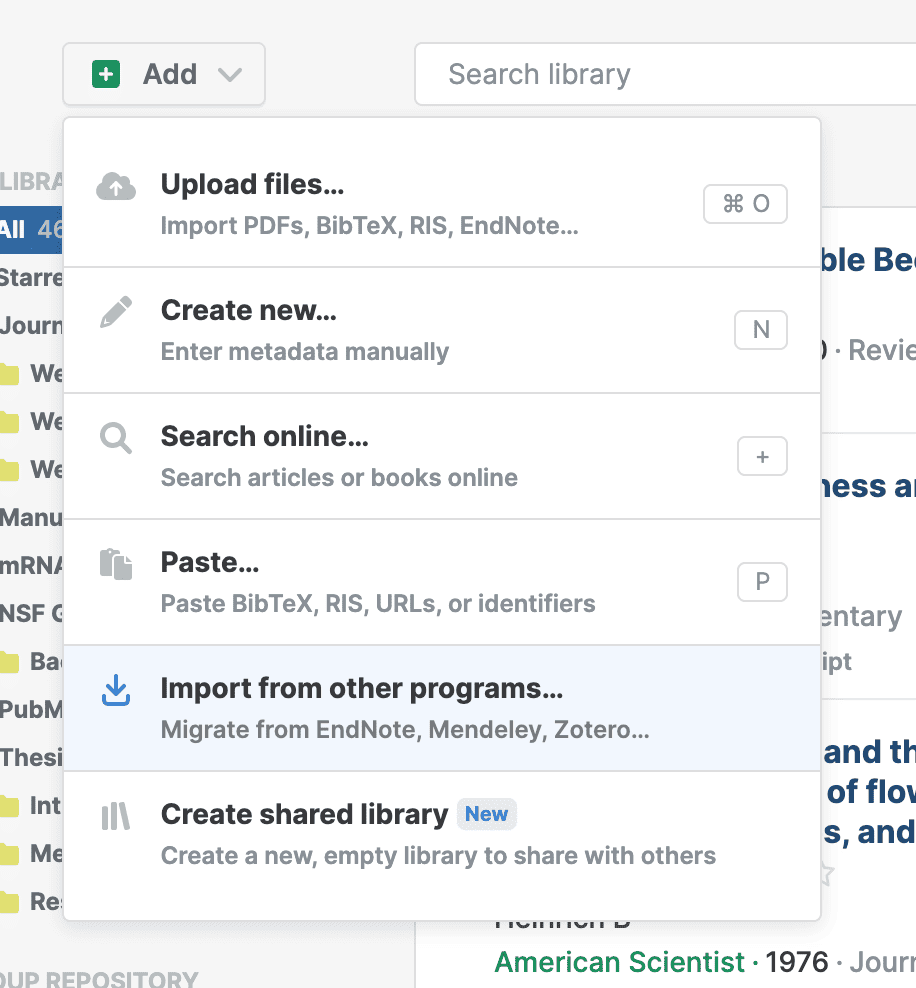 The Add menu open with “Import from other programs… — Migrate from EndNote, Mendeley, Zotero…” highlighted, below Upload files, Create new, Search online and Paste, and above Create shared library.